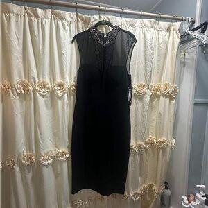 Xscape Black Midi Dress with Beaded Collar